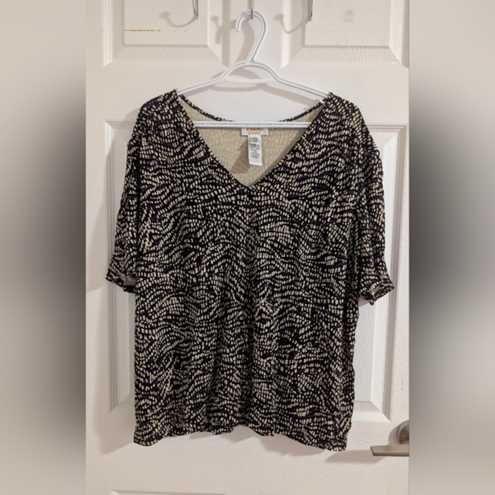Talbots Woman Purple & Black Abstract Mosaic V-Neck Top Business Casual Size 2X